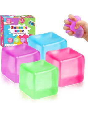 4 Pcs Stress Relief Fidget Toys - Squishy Cube & Stress Balls for Adults